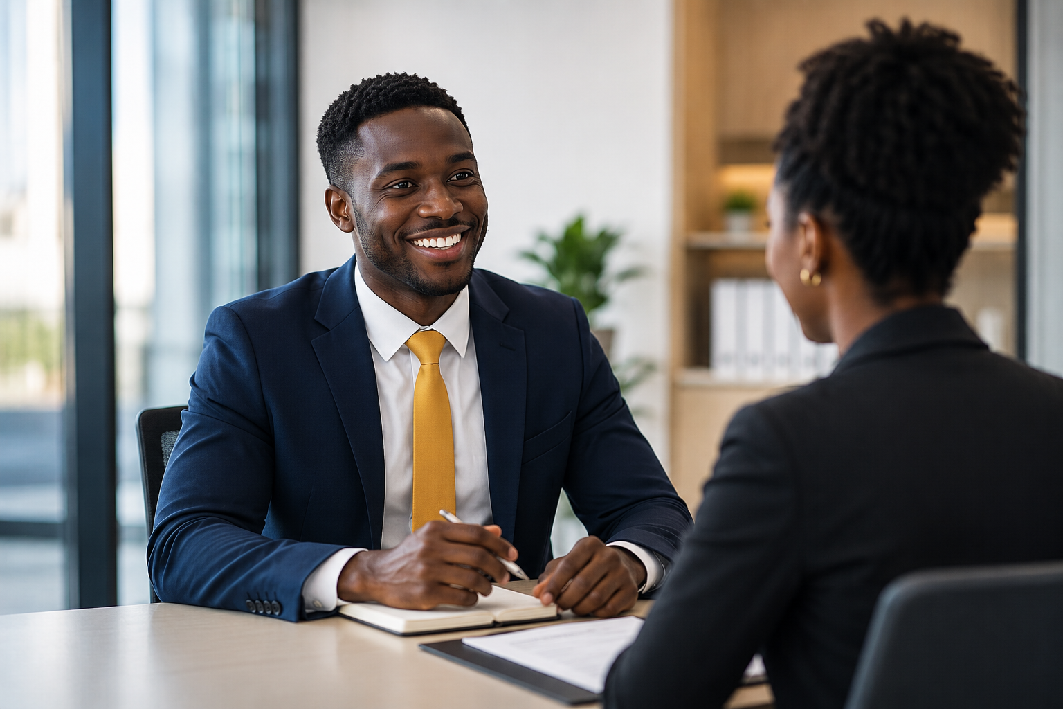 A professional smiling during an interview.