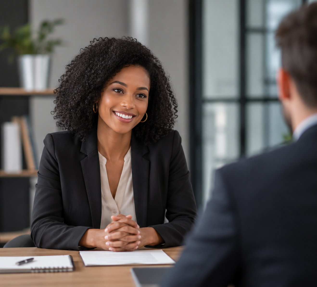 A confident professional walking into an interview.